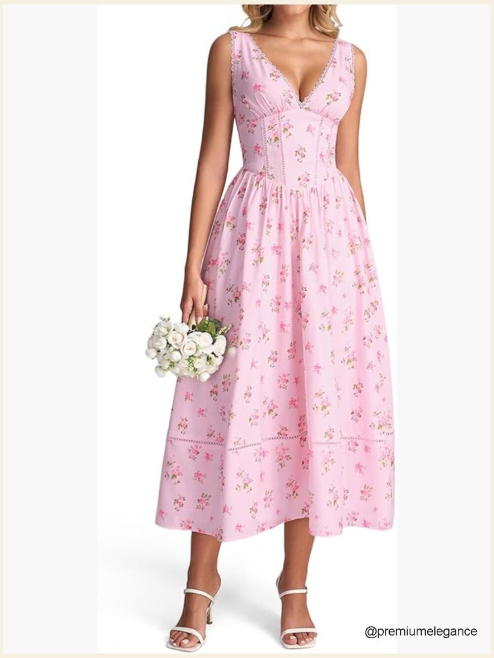 Floral Corset Midi Dress V-Neck Lace-Up Back A-Line Wedding Guest
